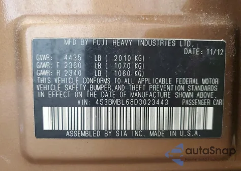 2013 Subaru Legacy 2.5I Limited from USA, damaged, VIN 4S3BMBL68D3023443